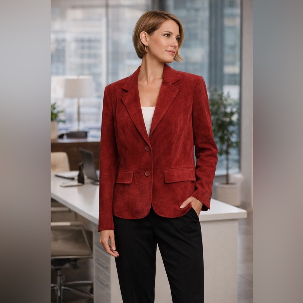 Liz & Co. Brick Red Suede Leather Blazer Jacket Fully Lined Size Large
